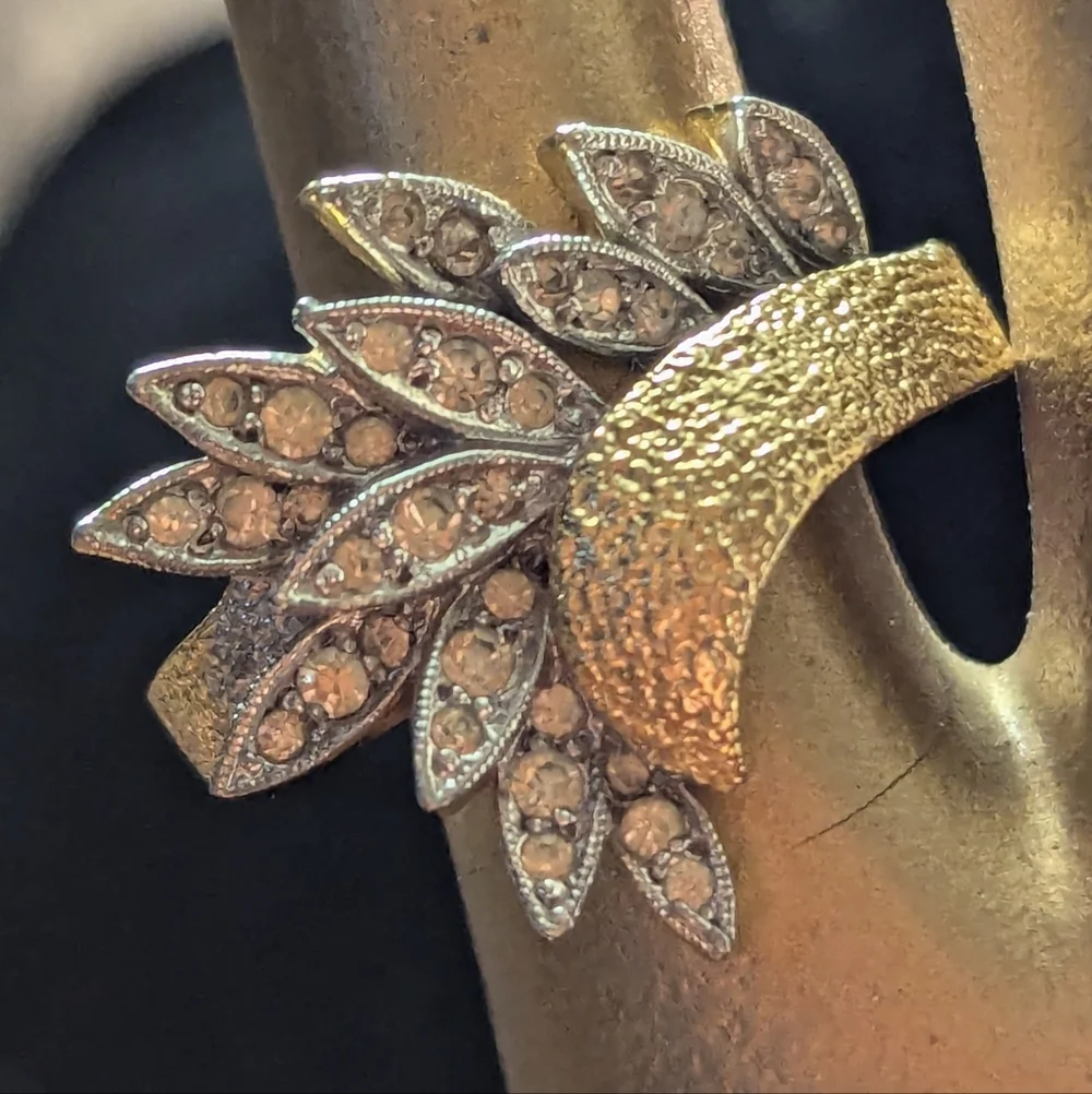 Panetta Vintage Ring Rhinestone Goldtone Silvertone Leaf Cocktail Party